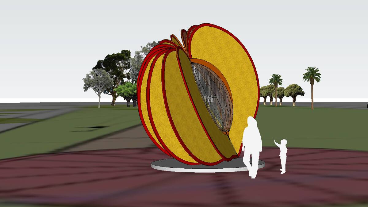Fruit of labour: An image of the giant peach which will be built at Cobram to attract tourists.