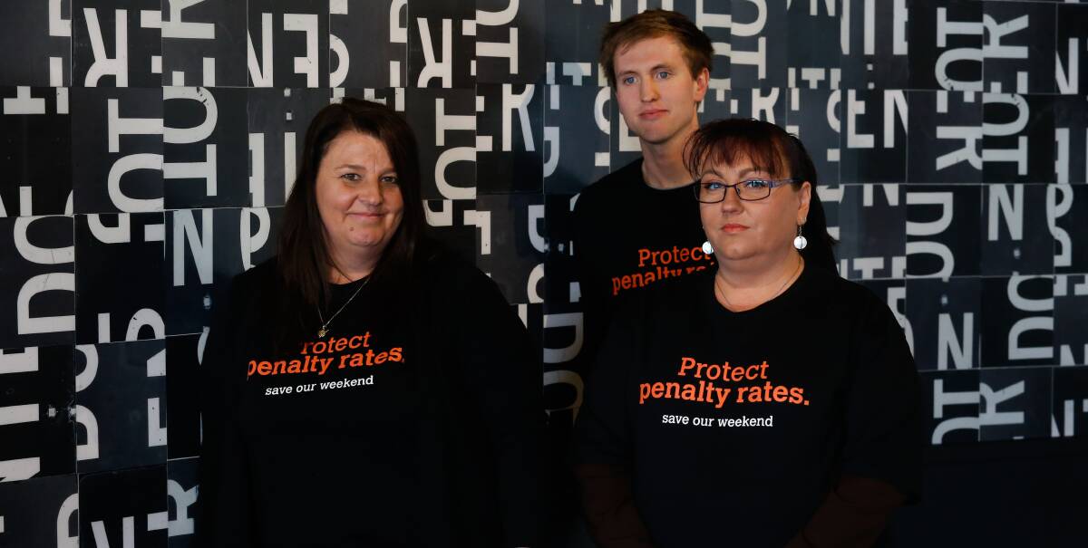 IN PROTECTION MODE: Albury union delegates Nicole Boswell (Coles), Mike Hamilton (Dan Murphy's) and Michelle Sullivan (Myer) are wanting Sunday penalty rates to remain untouched. Picture: MARK JESSER 