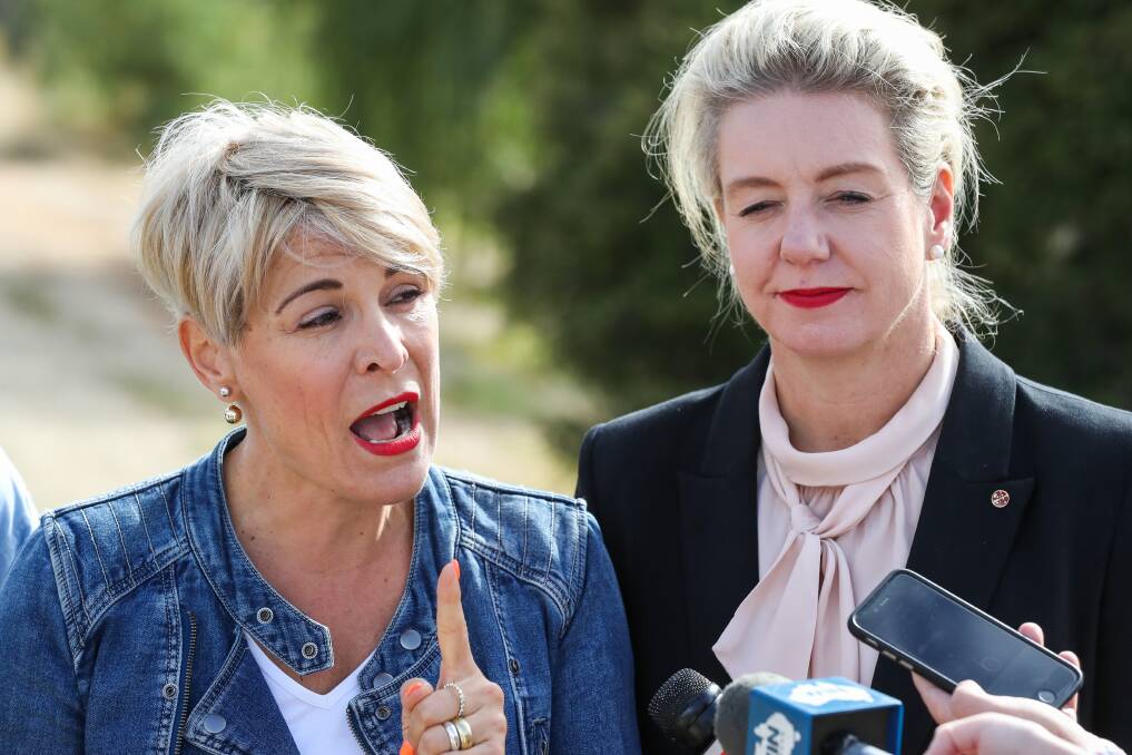 Making a point: Wodonga mayor Anna Speedie responds to questions about appearing in a National Party advertisement as deputy leader of the Nationals Bridget McKenzie looks on at a media conference in Wodonga on Friday. Picture: MARK JESSER