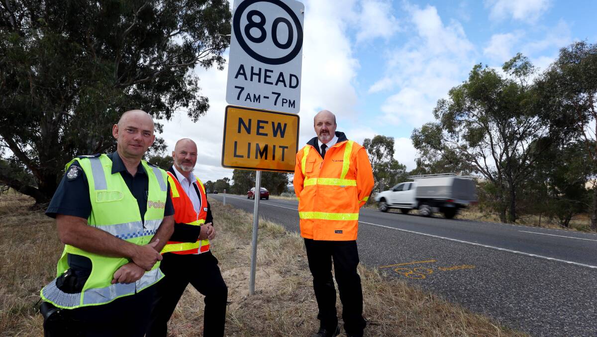 

LOWER SPEED LIMIT: Cameron Roberts, Mike Fraser and Bryan Sherritt hoped a new speed limit would reduce the number of serious crashes at a dangerous Wodonga intersection.