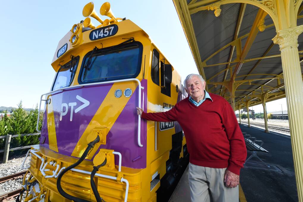 Still waiting for new carriages: Bill Traill with an engine used on the North East line which was described as a dressed up pig by Albury mayor Kevin Mack on Monday.