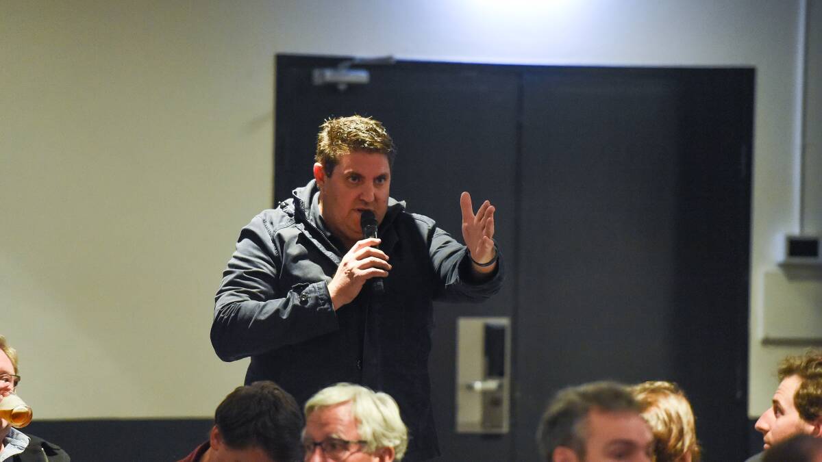 Making his point: Albury mechanical engineer Andrew Cronin highlights concerns about sub-contractors being left with no payment for their work at Lavington Oval. Picture: MARK JESSER