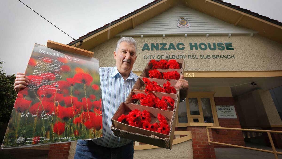 Lost income: Mark Dando with Remembrance Day poppies which will be cost-free this year in Albury because of a fundraising prohibition.