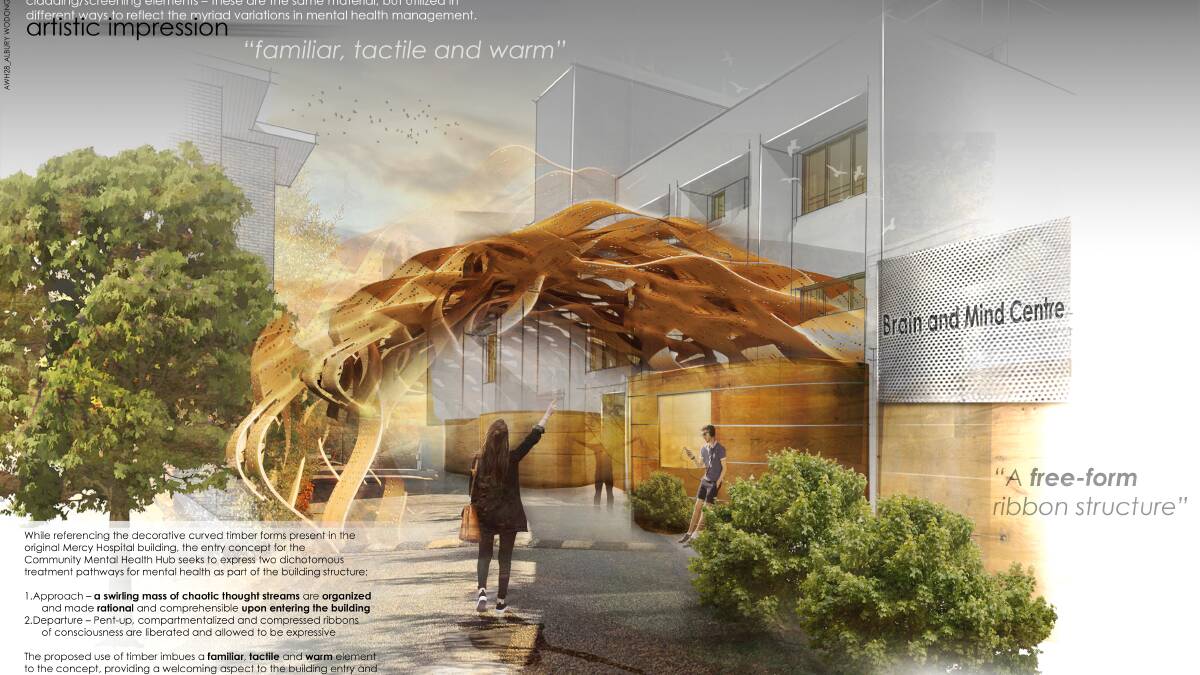 Distinctive entrance: An artistic impression of how the front door to the Brain and Mind Centre will appear with a timber sculpture.