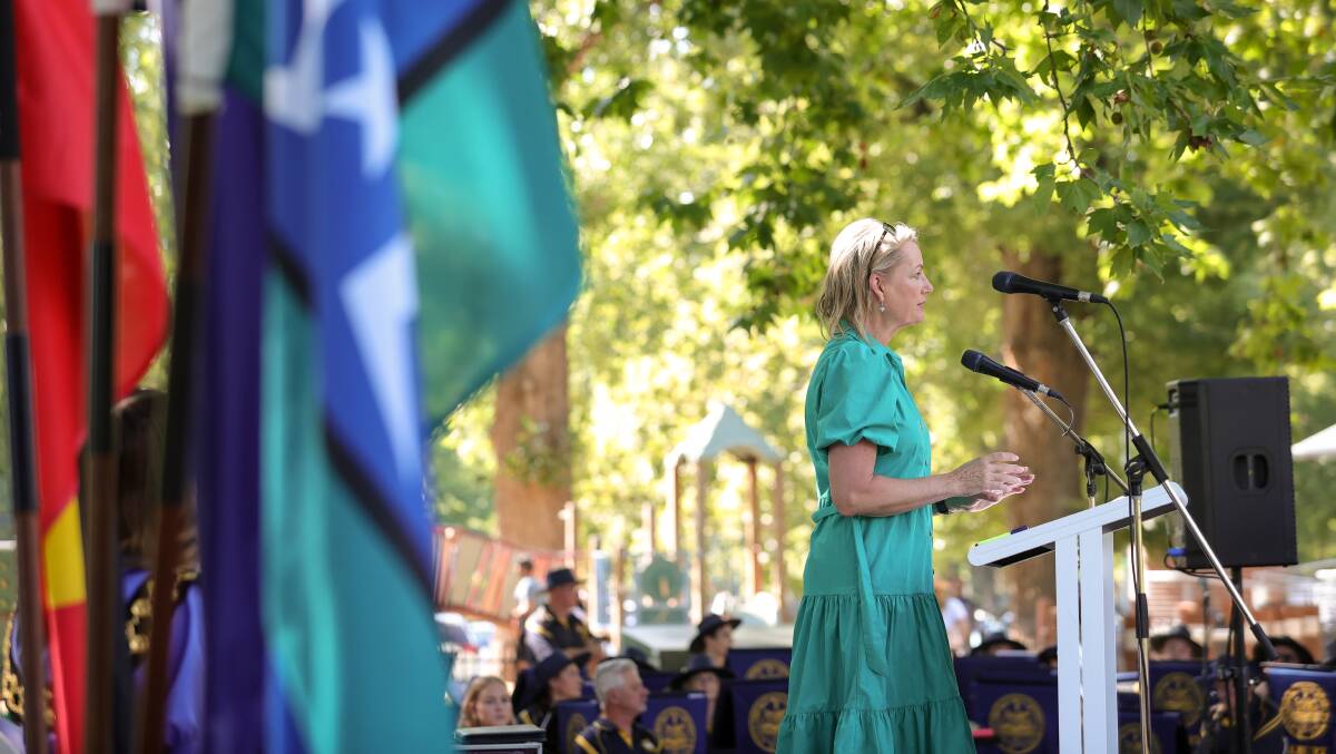 Sussan Ley speaks at Australia Day 2023 in Albury when events were held at Noreuil Park before being shifted for 2024. 