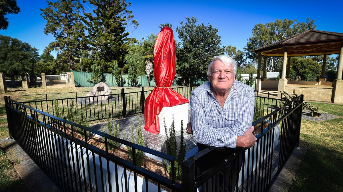Under wraps: Rutherglen RSL sub-branch secretary David Martin with the statue of a digger which will be officially launched on Saturday by Australian War Memorial director Brendan Nelson. Picture: MARK JESSER 