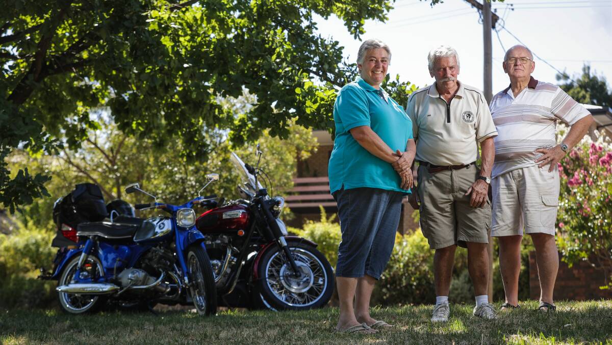 Ready to roll: Michelle and Dave Sinclair with their Honda and Triumph bikes alongside fellow motorcycling enthusiast Colin Tarrant. They are gearing up for this weekend's Bikes and Blues Show. Picture: JAMES WILTSHIRE