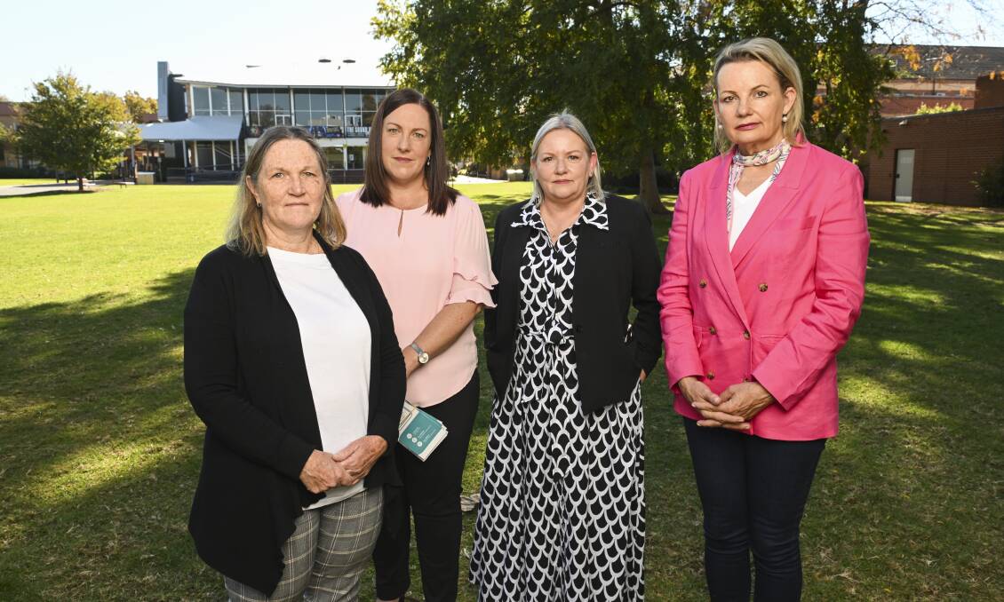 Womens Centre for Health and Wellbeing general manager Marge Nichol with board members Kristy Campbell and Mell Millgate and MP Sussan Ley in Albury's QEII Square. Picture by Mark Jesser