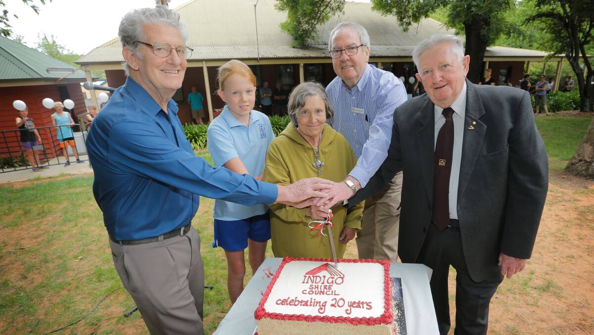 Flashback: The Indigo junior council was represented in 20th anniversary celebrations for the shire. Kergunyah's Tilly Macklan, who was a junior councillor, helped cut a commemorative cake with Frank Burfitt, Joy Lee, Bernard Gaffney and Peter Graham at Yackandandah.