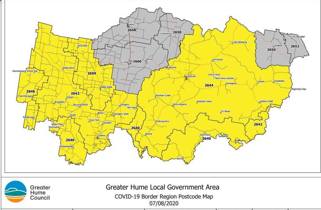 Big gap: How Greater Hume Shire appears under existing border bubble rules which leave out Henty and Culcairn from the travel area to Albury-Wodonga.
