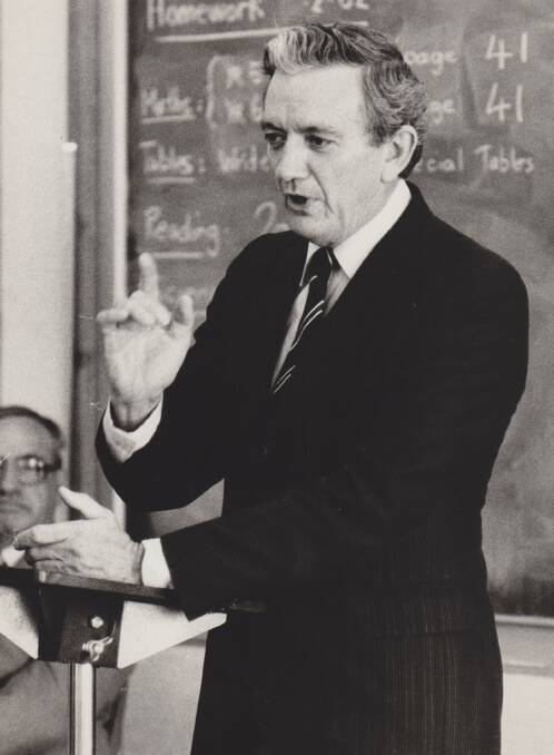 Blackboard days: Wal Fife makes a point during a forum at a school in 1982. The Liberal Party MP represented Albury in Canberra for nine years.