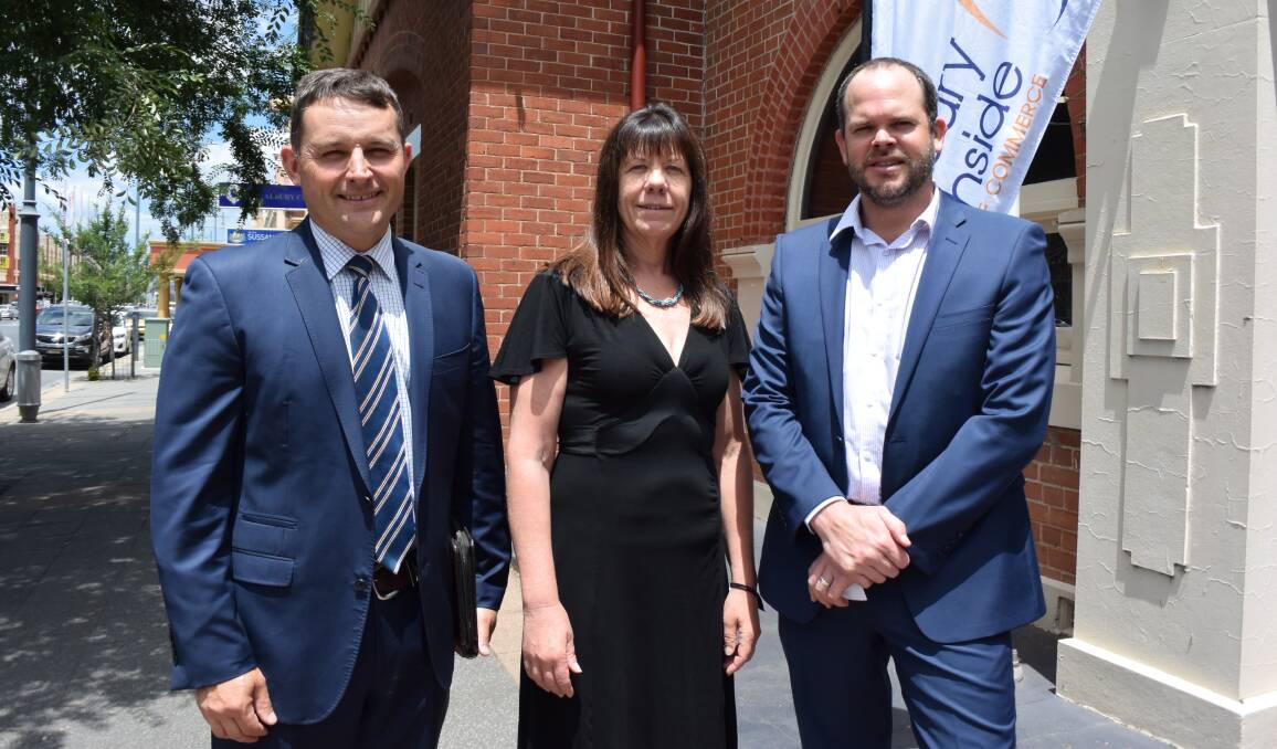 Business meeting: James McTavish, Kathie Heyman and Ben Foley after a gathering of the Cross-Border Business Advisory Group at the Albury Club on Tuesday.