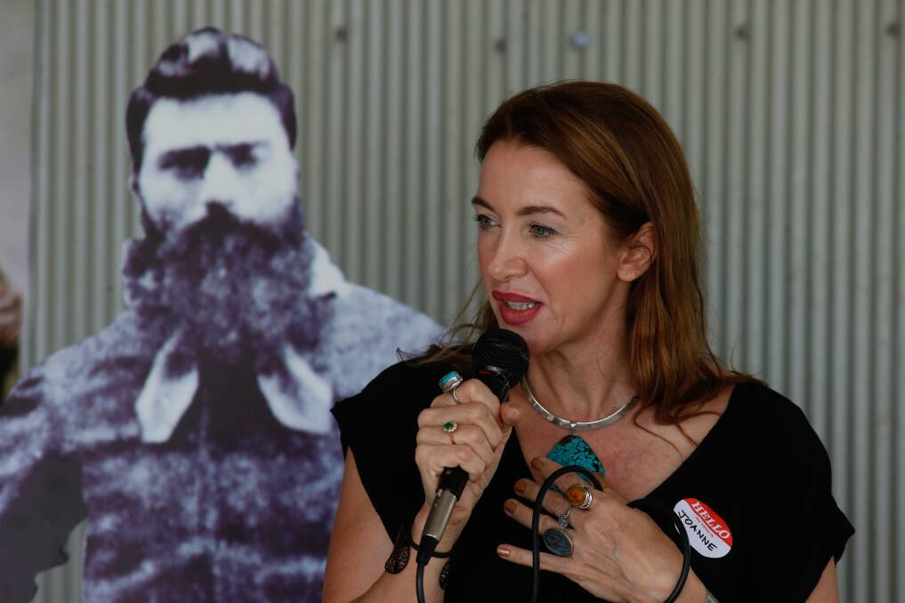 Hand on heart: Joanne Griffiths at a Glenrowan book launch in 2016. She is thrilled the family has bought an 1874 photo of Ned Kelly.  