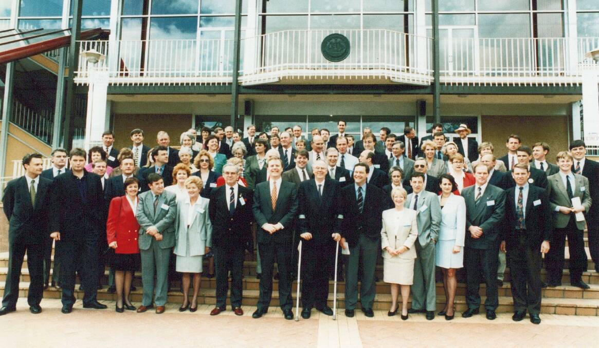 The 50th anniversary of the Liberal Party in 1994 was marked with a gathering in Albury at the performing arts centre. Among those gathered for this photograph were then federal leaders Peter Costello and Alexander Downer alongside party president Tony Staley.