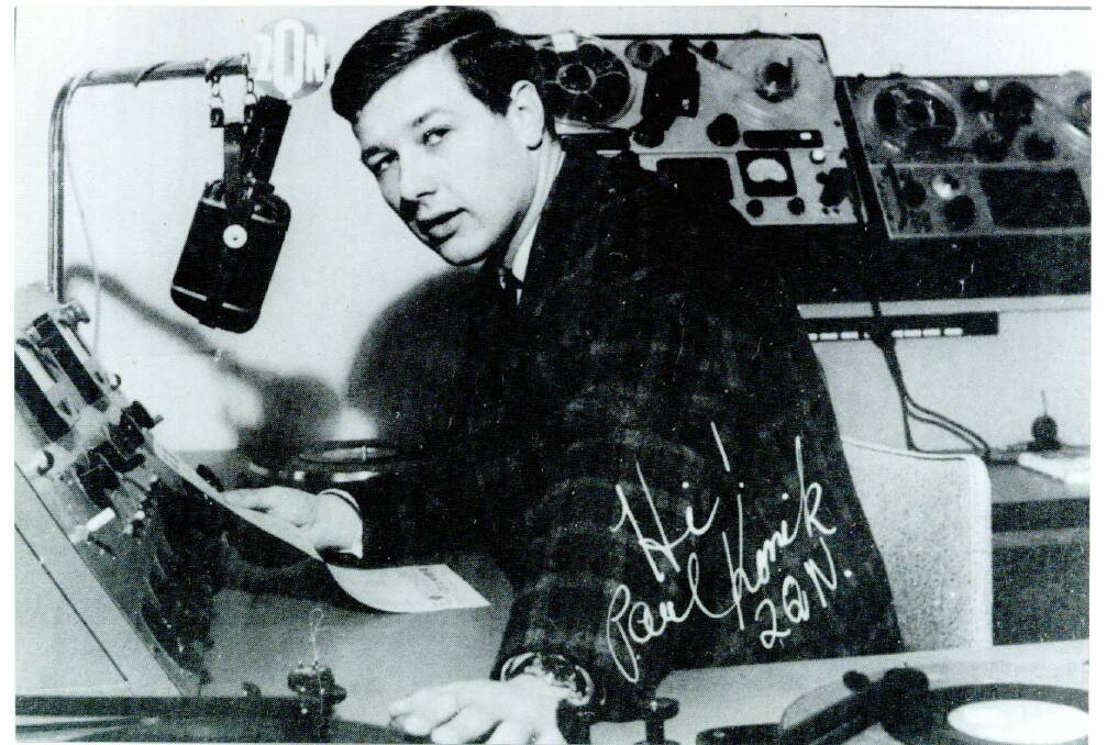 Autographed photo: Paul Konik at the microphone for Deniliquin's 2QN in the 1960s. He was later heard on the station after it came under the same owner as 3NE in the 21st century.