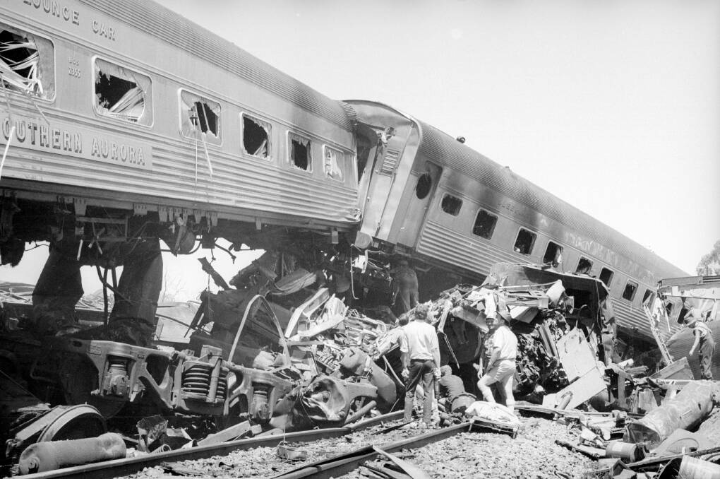 Grisly scene: Two of the Southern Aurora carriages that jerked into the air when the inter-capital train collided with a freight locomotive at Violet Town.