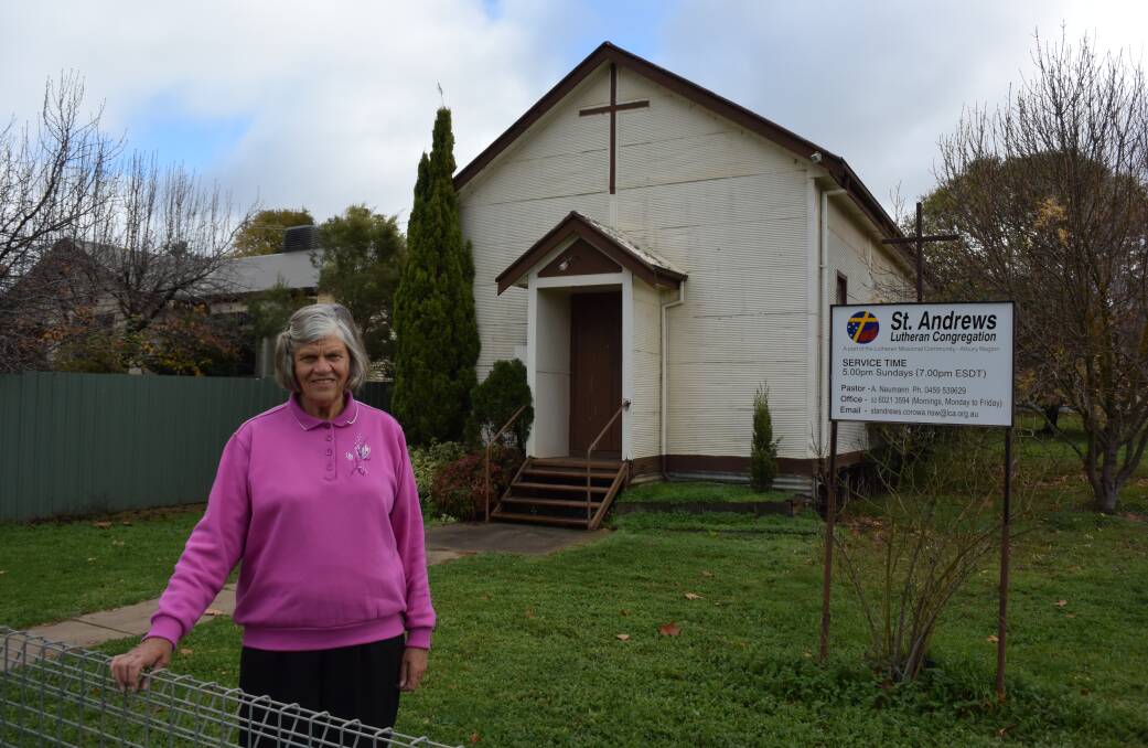 Golden day: Wodonga's Elaine Miller at Corowa's Lutheran Church in Albert Street which will reach its 50th anniversary on Sunday after being built in the 1950s.