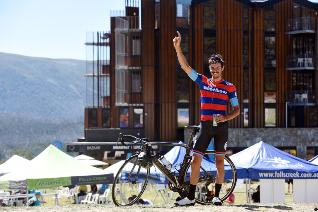Mountain king: Daniel Bonello after winning the Peaks Challenge on Sunday at Falls Creek following 235 kilometres of riding around the Victorian alps. Picture: CHRIS HOCKING