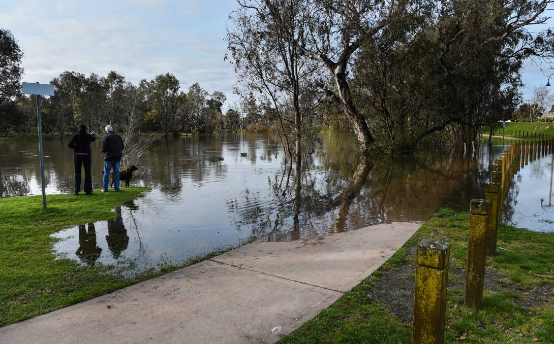Awash: Albury couple John and Gladys Postle with their dog Cali alongside an overflowing Murray River at Noreuil Park. Picture: MARK JESSER 