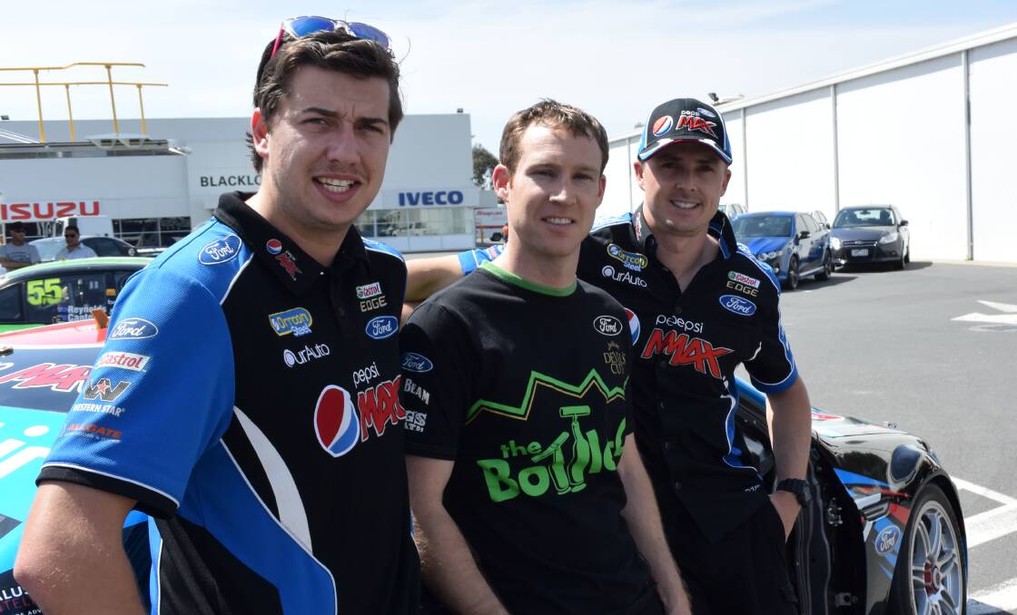 FAST AND FURIOUS: Ford drivers Chaz Mostert, David Reynolds and Mark Winterbottom in Wodonga on Monday. Picture: CHRIS YOUNG