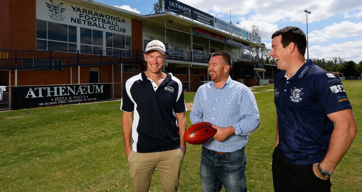 HAPPY TO BE HOME: Yarrawonga's Chris Kennedy, president Andrew Mott and fellow co-coach Drew Barnes are excited about next season. Picture: MARK JESSER
