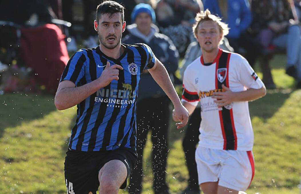 SOMEBODY STOP HIM: Myrtleford striker Matt Park has made a name for himself in a short amount of time. Park was a constant headache for Boomers on Sunday, scoring two goals at Glen Park. Picture: JAMES WILTSHIRE
