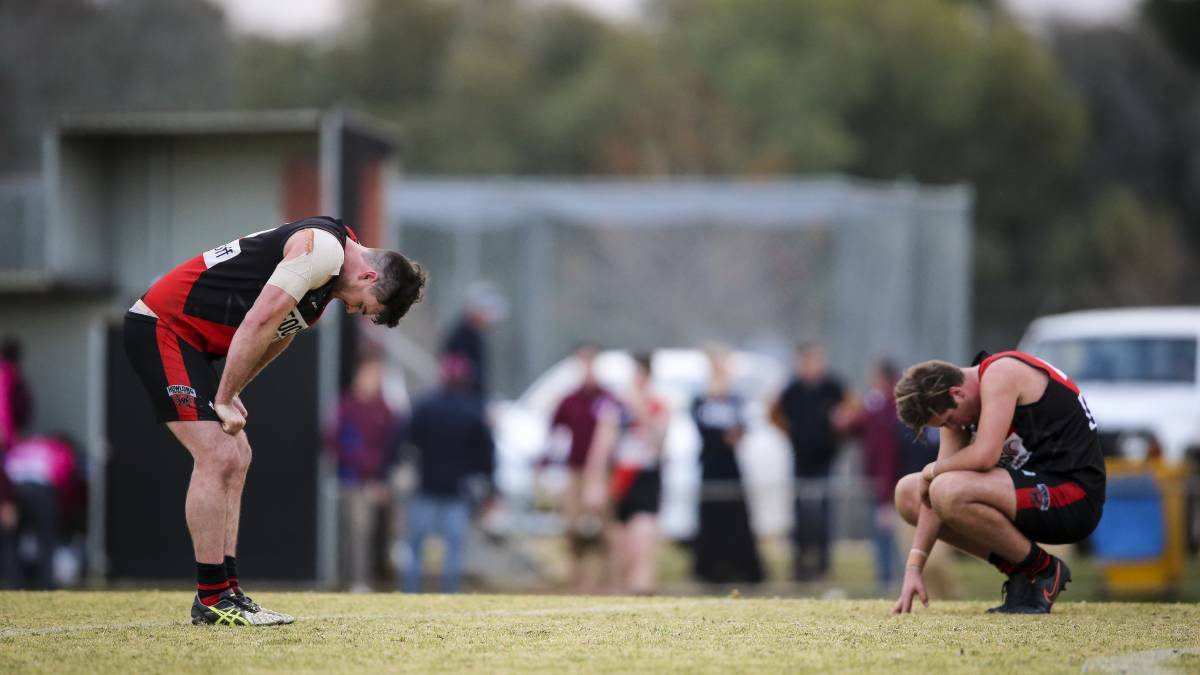 Howlong players shattered after their thrilling loss to Culcairn. Photo: James Wiltshire. 