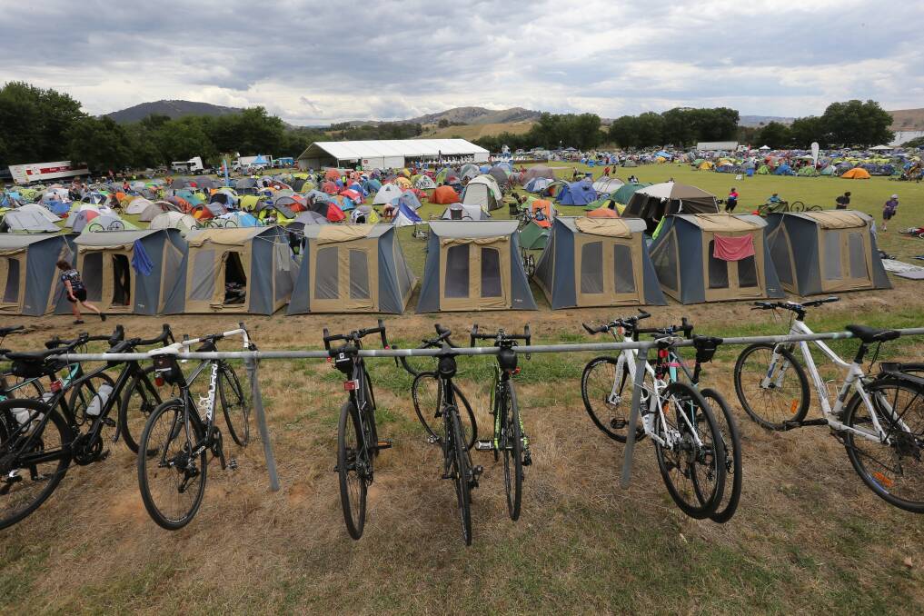 The bikes need a rest too! The quiet zone of the Great Victorian Ride campsite at Tallangatta Showgrounds. Photo: KYLIE ESLER 