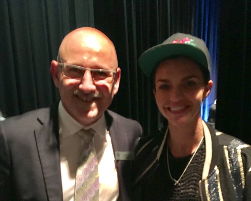 Principa Darren Hovey with Ruby Rose at the Year 10 Catholic College Wodonga Formal. (Photo supplied)