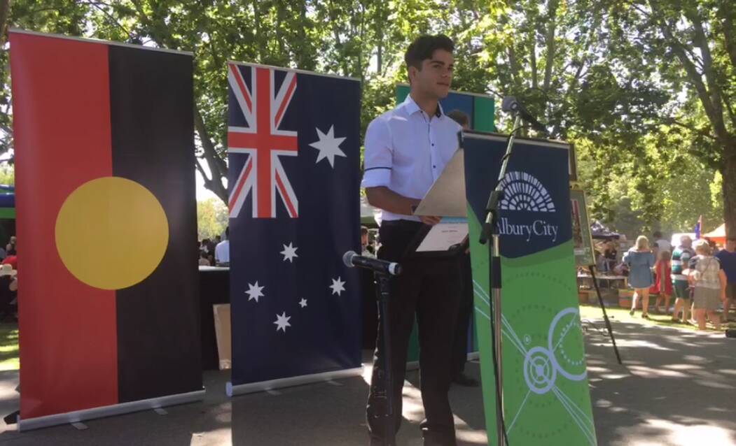 ROLE MODEL: Jaara Moran speaking at the Albury Australia Day ceremony after being presented with his Special youth award.