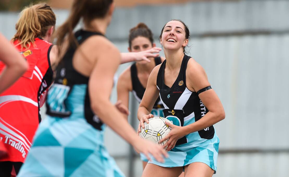 HAPPY TIMES: Lavington's Maddy Lloyd certainly seems to be enjoying herself and, why not, in the Panthers' 28-goal win over Myrtleford.