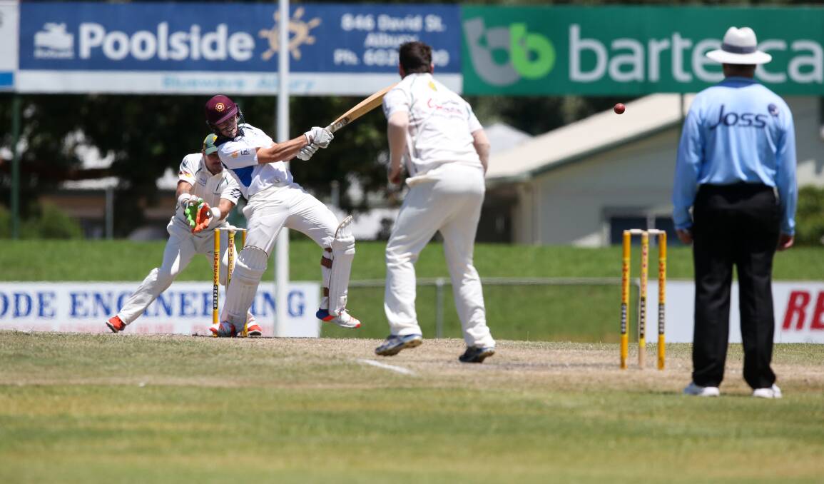 TAKE THAT: Albury batsman Tom Sole plays an aggressive shot in his innings of 41 against North Albury. Picture: SIMON BAYLISS