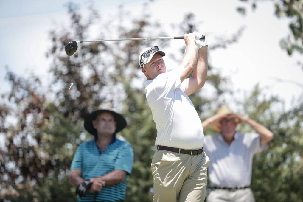 Marcus Fraser tees off the first hole in the Commercial Golf Resort Albury pro-am. Picture: JAMES WILTSHIRE