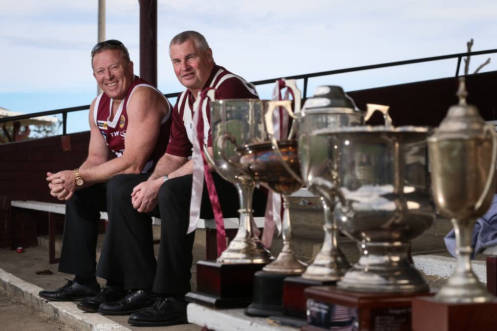 PARTY TIME: Wodonga Bulldogs will celebrate seven premierships over a 50-year period on Saturday. Craig Cleary and Garry McGhee won in 1987.