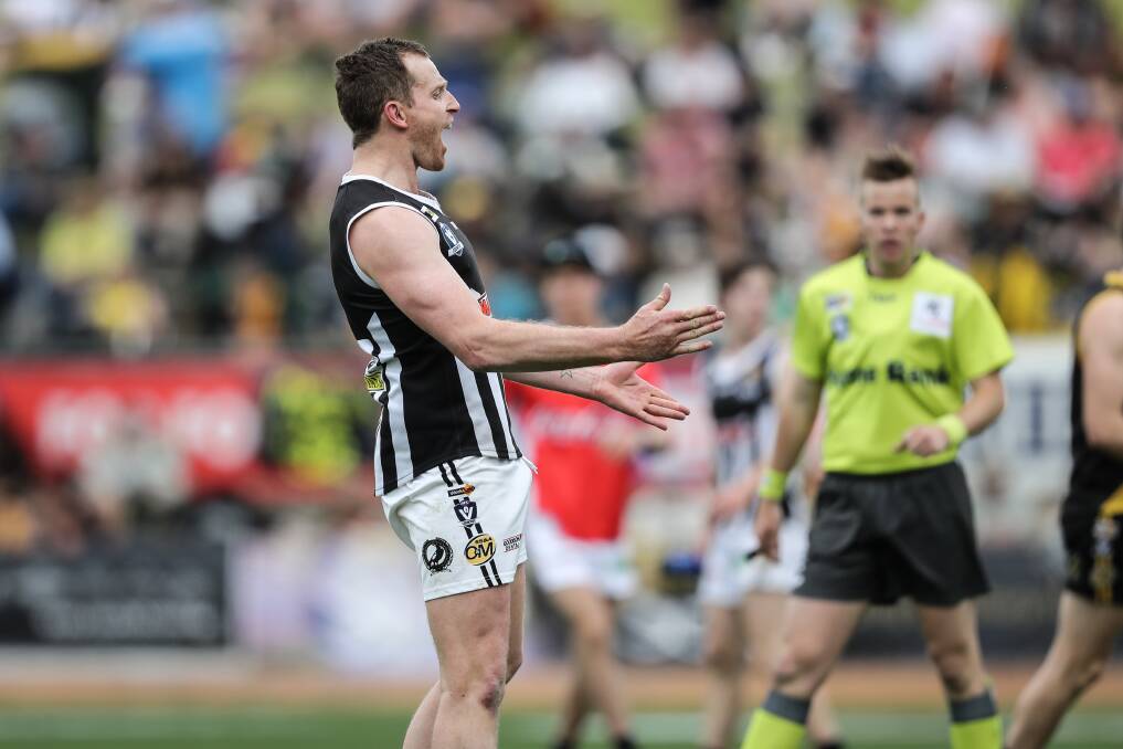 The Pies' Michael Newton celebrates after kicking one of his eight goals against Albury. Picture: JAMES WILTSHIRE