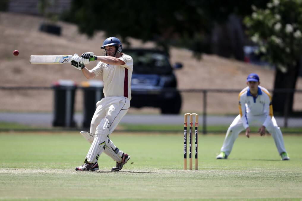 Wodonga's Andrew Berg hits out in his knock of 47 against New City. Picture: JAMES WILTSHIRE