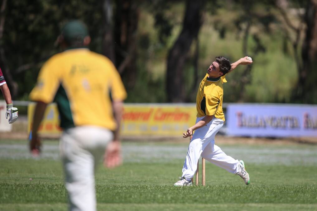 WELL BOWLED: Tallangatta youngster Jake Hill claimed 2-29 from five overs in the thrilling tie against Wodonga on Saturday.