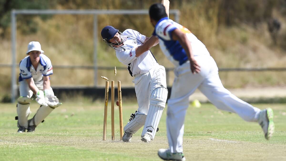 GOT HIM: Kiewa's Jacob Barber is bowled, going for a big hit, in the match against Yackandandah. Picture: MARK JESSER