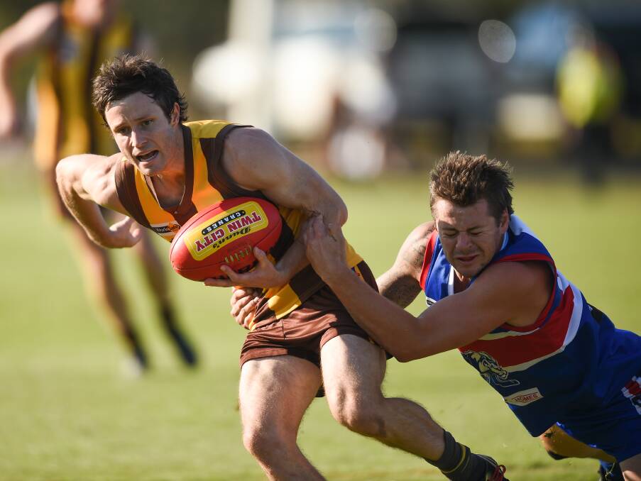 TOUGH TACKLING: The Hawks' Jason Bartel is caught during the club's loss to Thurgoona on Saturday. The home team has now lost successive games.