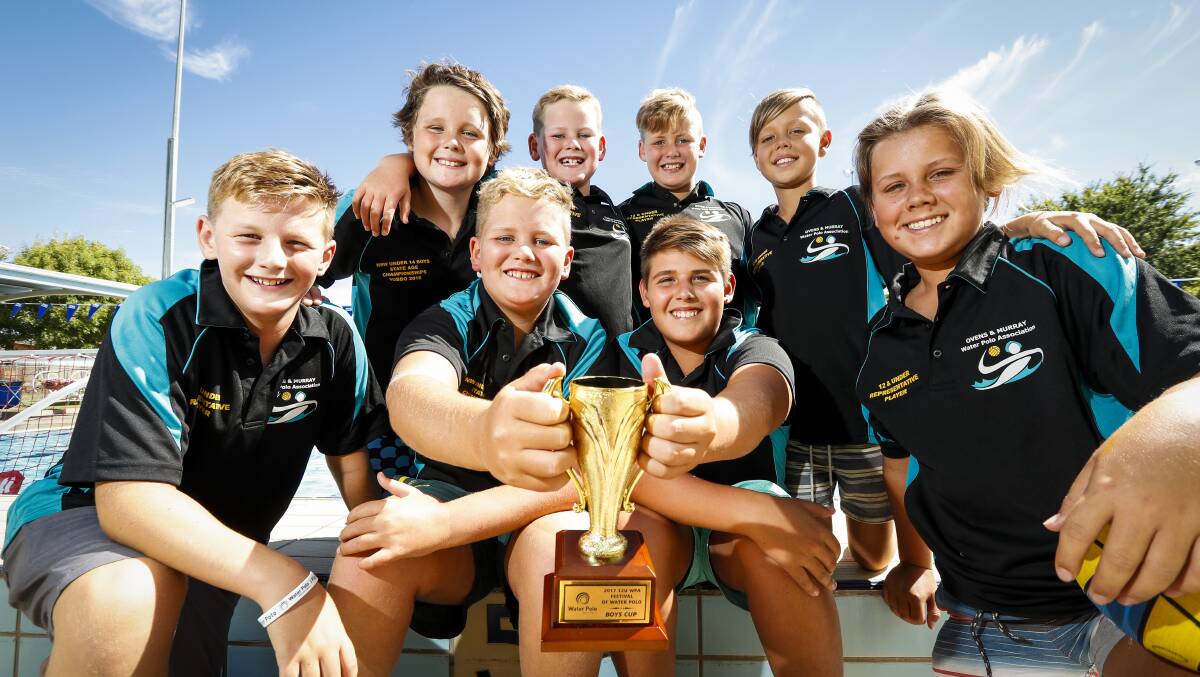 HISTORY MAKERS: The O&M Cobras 12 and under water polo team won the national title. Front: Deacon Hogan, William Gould, Elih Mutsch, Oscar Bradbury. Back: Michael Kelly, Toby Gould, Josh Gould and Joe Bradbury.