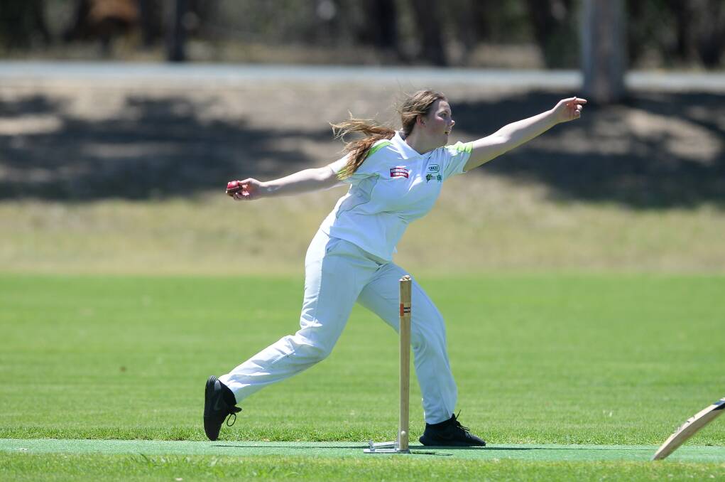 CAW's Hannah Young shows her all-round skills against Wagga at under 17 level at Country Week. The Tooma player had previously blasted an unbeaten 34.