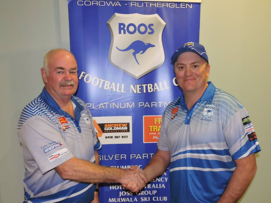 WELCOME ABOARD: Incoming Corowa-Rutherglen coach Marc Almond (right) and president Graham Hosier, ahead of Almond's coaching stint.