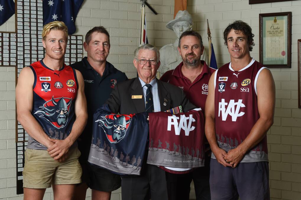 WE RESPECT: Wodonga Raiders' Steve Jolliffe and Daryn Cresswell join Wodonga's Dean Harding and Brett Doswell, and Wodonga RSL president Kevyn Williams, ahead of the ANZAC Day clash. Picture: MARK JESSER