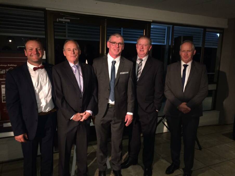 HALL OF FAMERS: Wodonga inducted Keith Ainsworth (left), Ray Smedley, Mick Garvey, Bob Craig and Richard Bence into the Bulldogs' Hall of Fame on Saturday night.