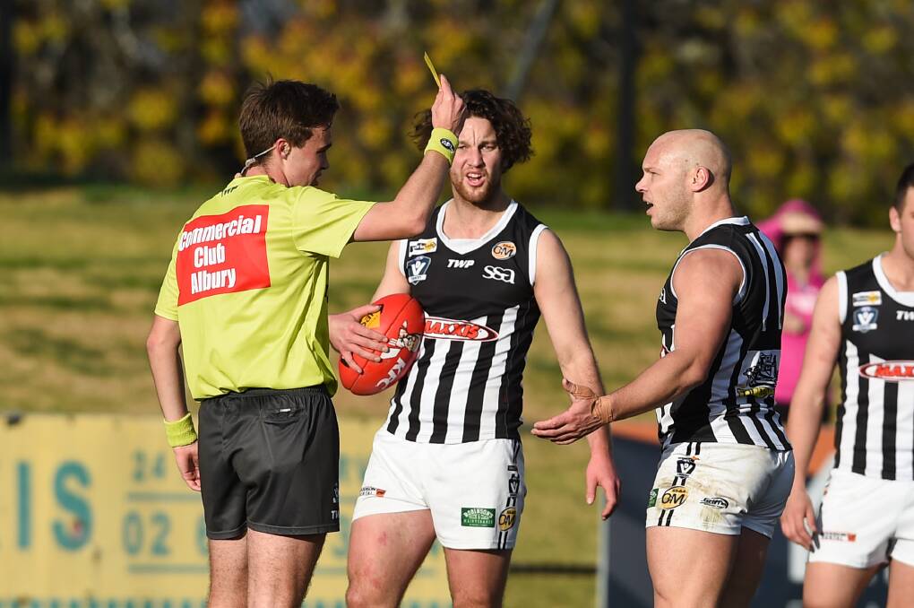 YOU'RE OFF: Wangaratta's Matt Kelly is sent from the field for alleged rough conduct on Wodonga's Connor Brodie in the final term.