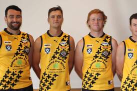 Barnawartha players Seamus Quinn, Brad Dalbosco, Will Prichard and Brodie Scammell wearing the Tigers' specially designed jumper.