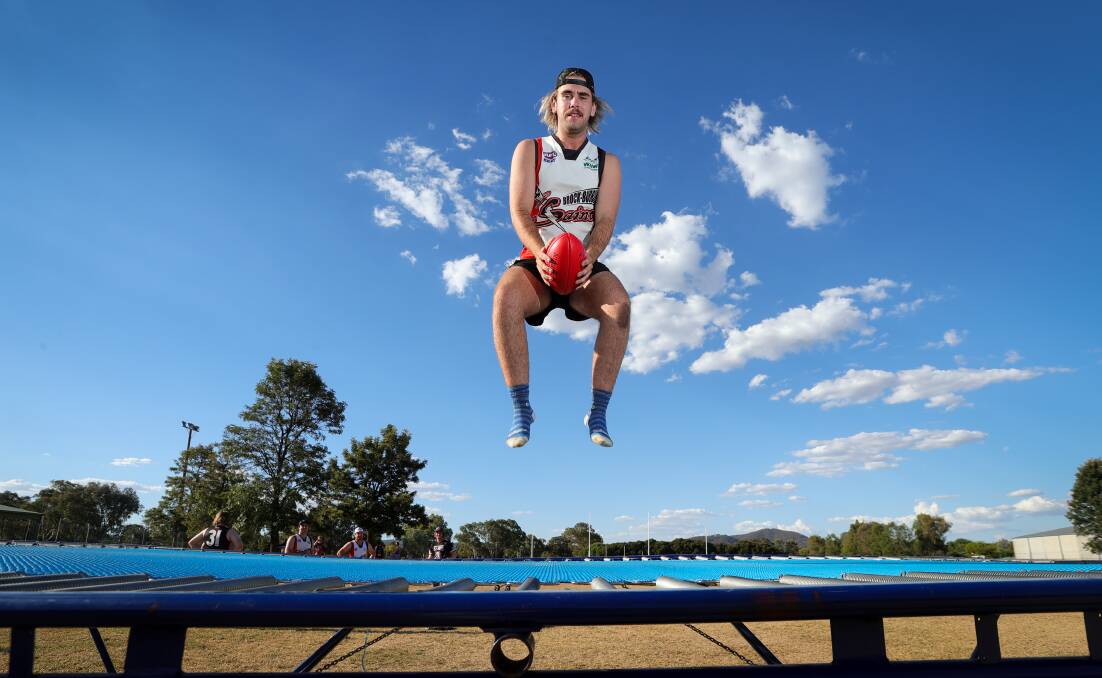 Brock-Burrum's Aden Clare on the trampoline at a recent Saints training session. PIcture by James Wiltshire