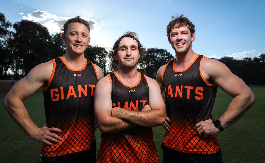 Rand-Walbundrie-Walla recruits Matt Grantham, Oscar Hayes and Fraser Elliott who have been training with the Giants but only recently committed to this season. Picture by James Wiltshire