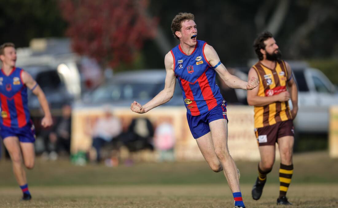Beechworth's Liam Stephens celebrates a goal in the Bushrangers big win over Kiewa-Sandy Creek. Picture by James Wiltshire