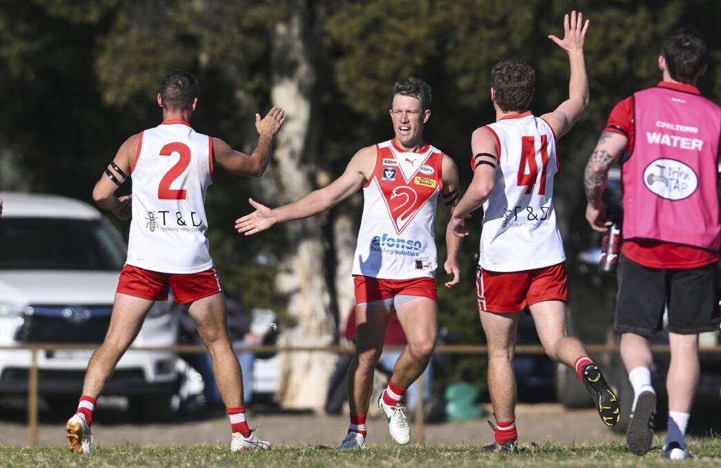 Swans premiership coach Brad Hibberson celebrates one of his three goals against Thurgoona on the weekend. Picture by Mark Jesser